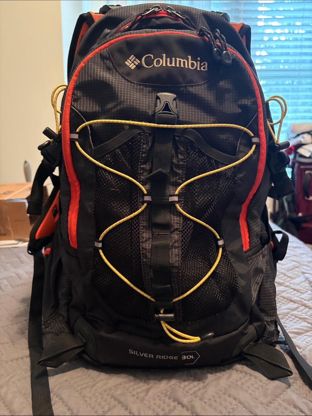 Columbia Black Backpack with Orange Trim and Yellow Bungee